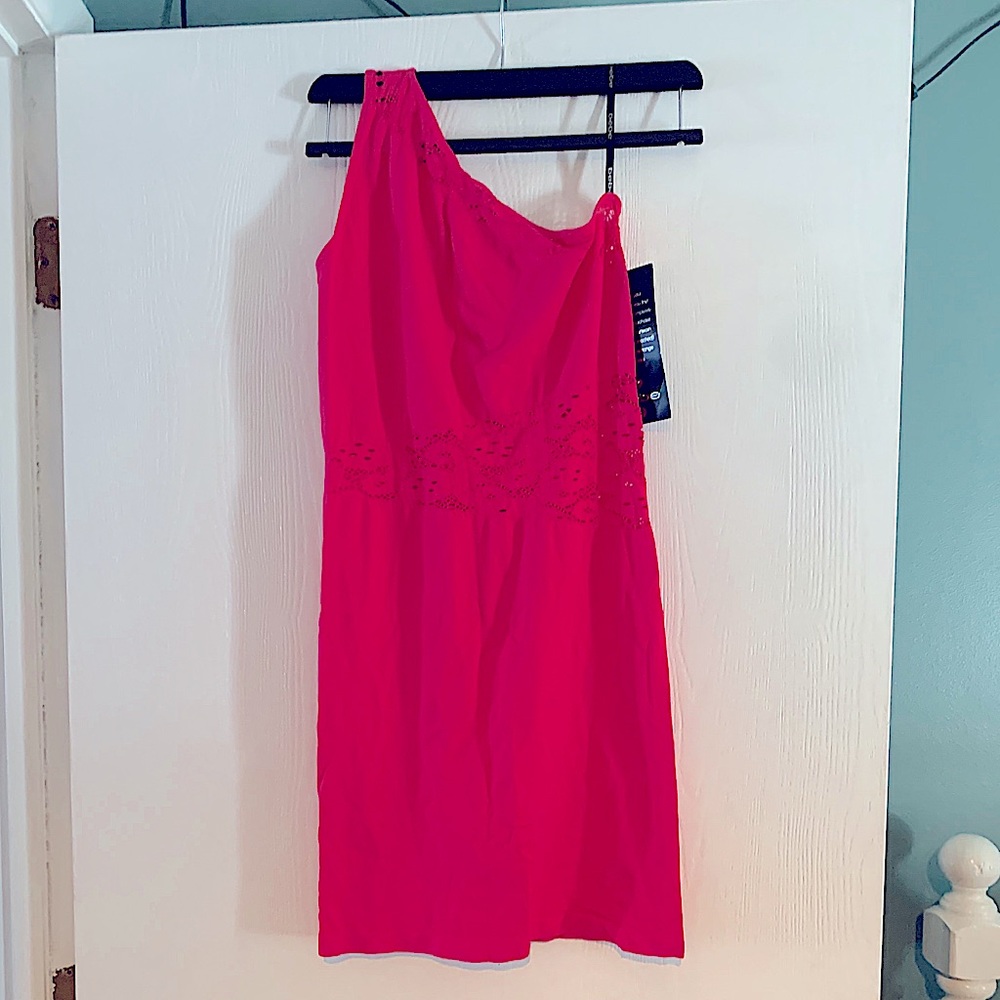 Bebe One Shoulder Hot Pink Lace Detail Dress